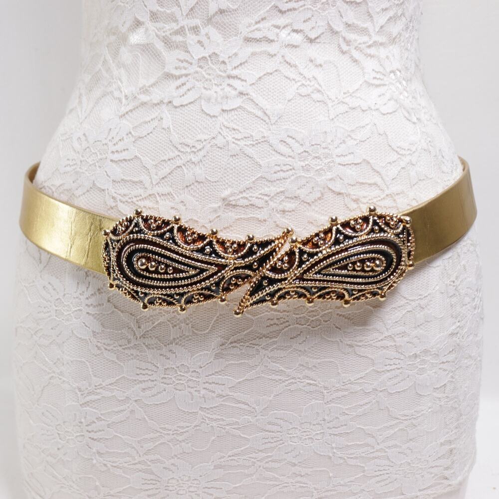 Vtg 70s Mimi Di N Waist Belt M L Leather Gold Tone Brass Paisley Enamel Buckle